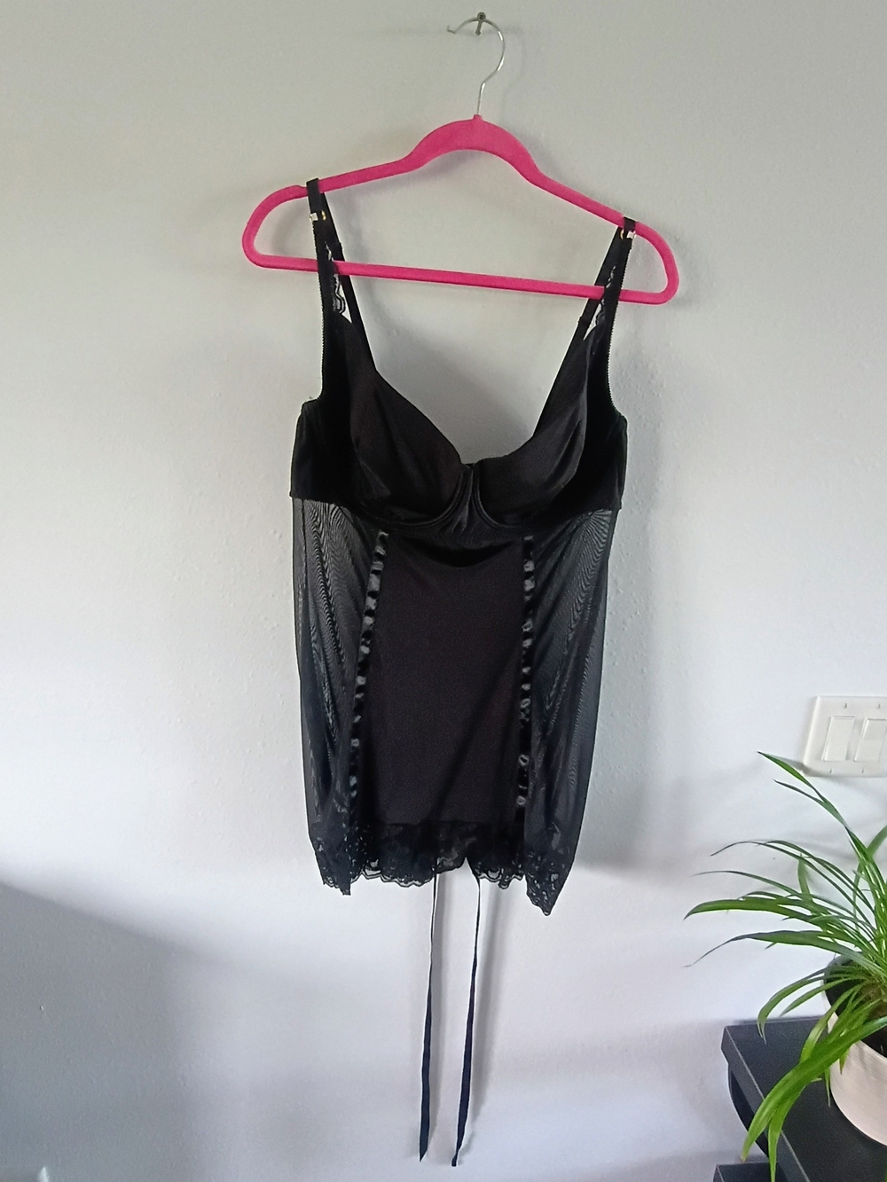 Cacique 22/24 Black Sheer Mesh Underwire Lace Trim Babydoll Chemise Lingerie